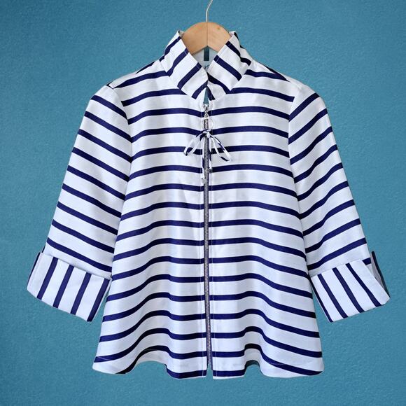 JOSEPH RIBKOFF Blue White Striped 3/4 Sleeve Swing Jacket Size 2 - Picture 8 of 10
